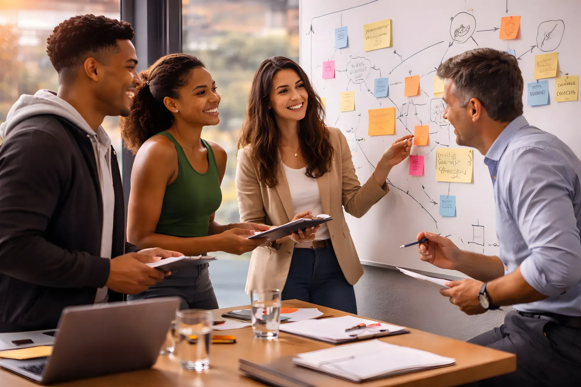 Business team collaborating around a whiteboard