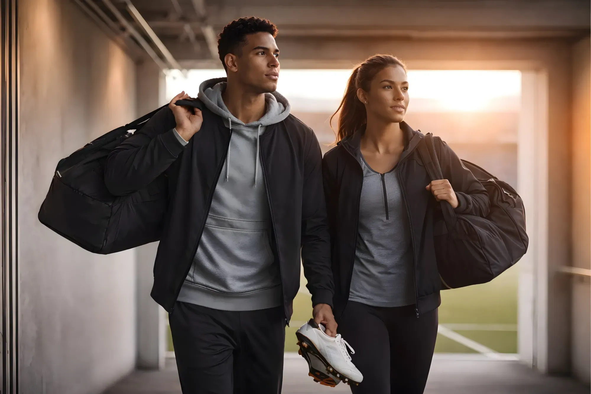 Two athletes walking through a stadium tunnel